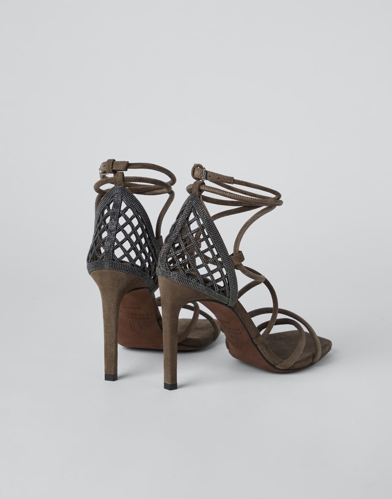 BRUNELLO CUCINELLI WOMEN'S PEAT LEATHER STRAPPY HIGH HEEL SANDALS