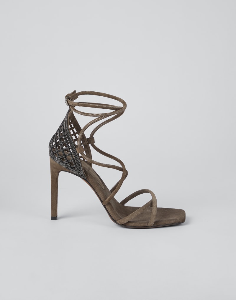 BRUNELLO CUCINELLI WOMEN'S PEAT LEATHER STRAPPY HIGH HEEL SANDALS