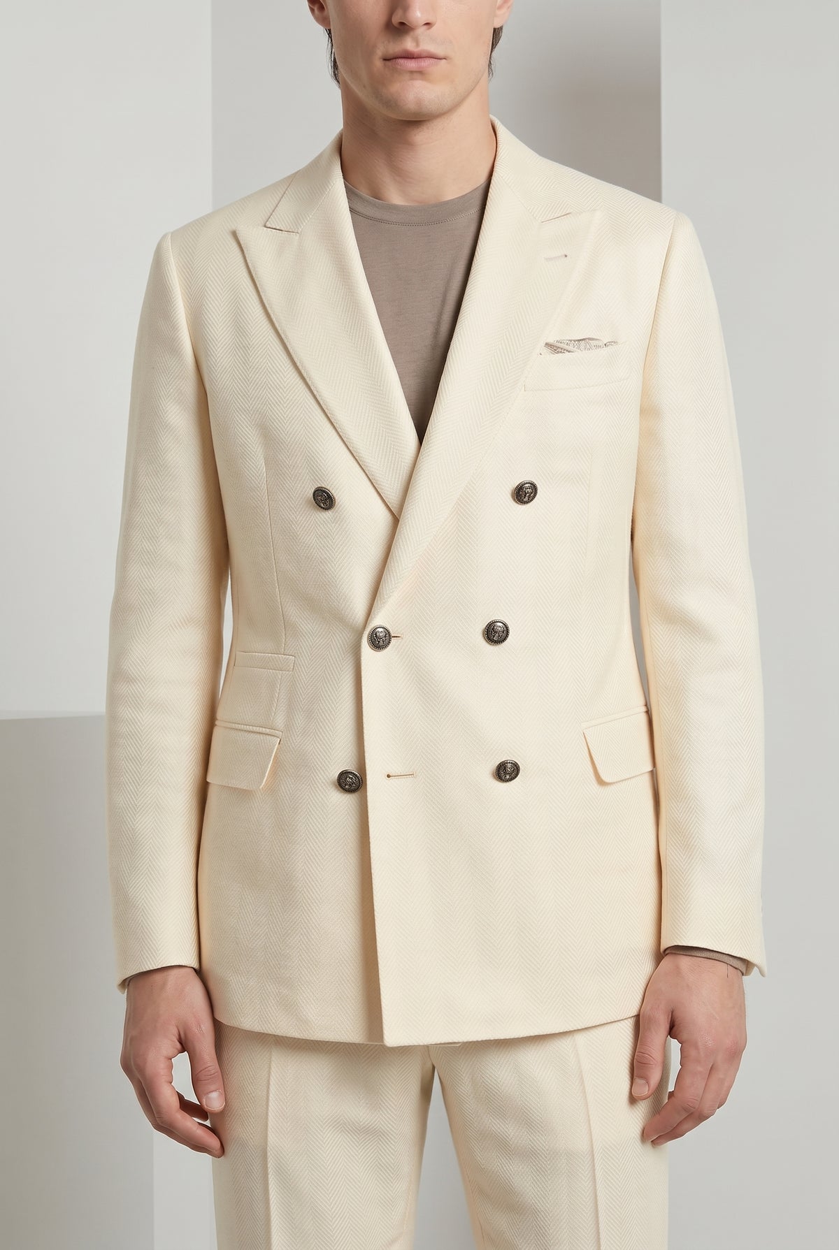 BRUNELLO CUCINELLI MEN'S CREAM WOOL SILK LINEN SUIT