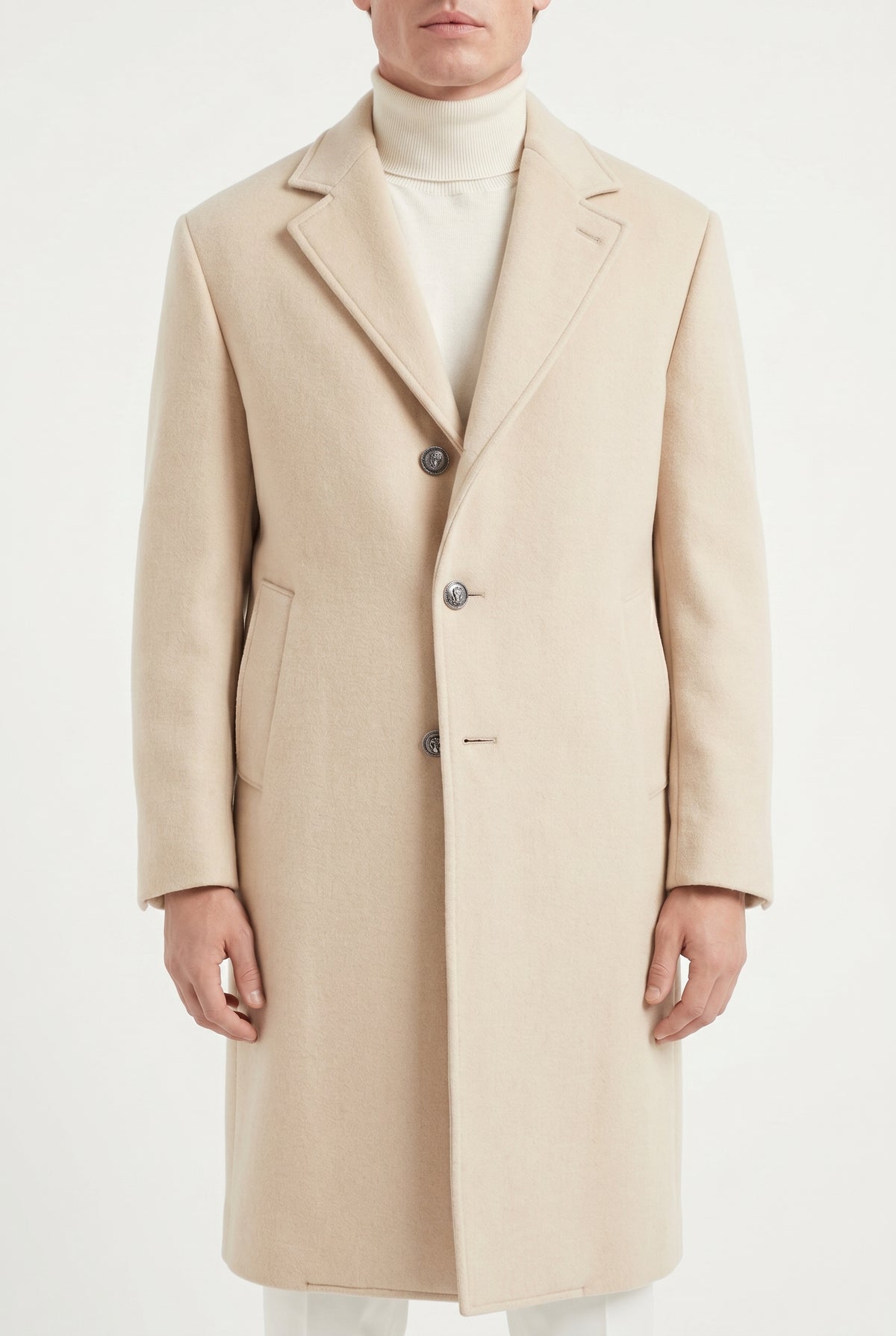 BRUNELLO CUCINELLI MEN'S LIGHT BEIGE WOOL OVERCOAT