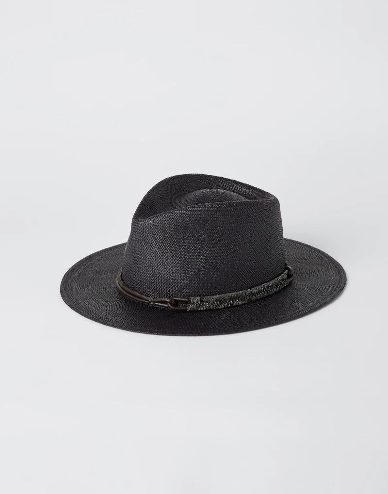 BRUNELLO CUCINELLI WOMEN'S BLACK STRAW FEDORA HAT