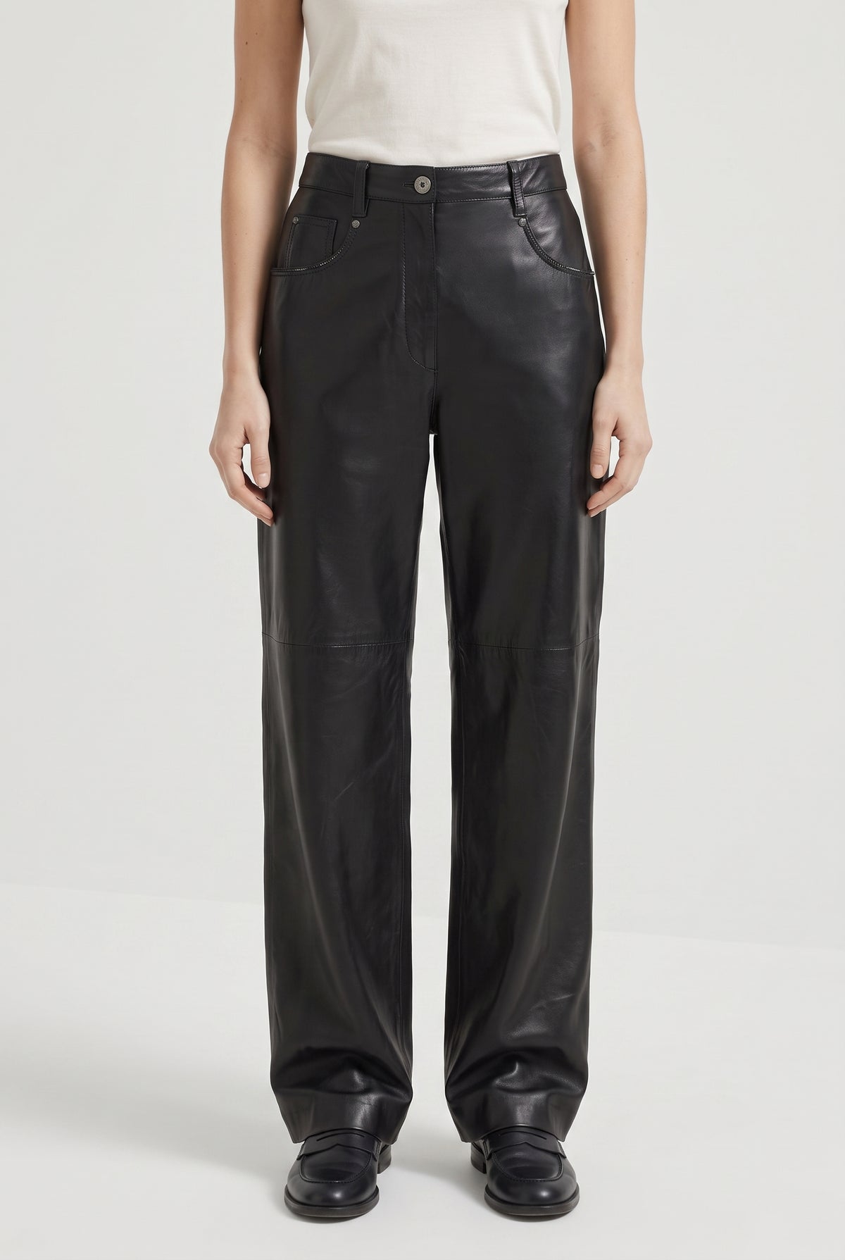 BRUNELLO CUCINELLI WOMEN'S BLACK LEATHER WIDE TROUSERS