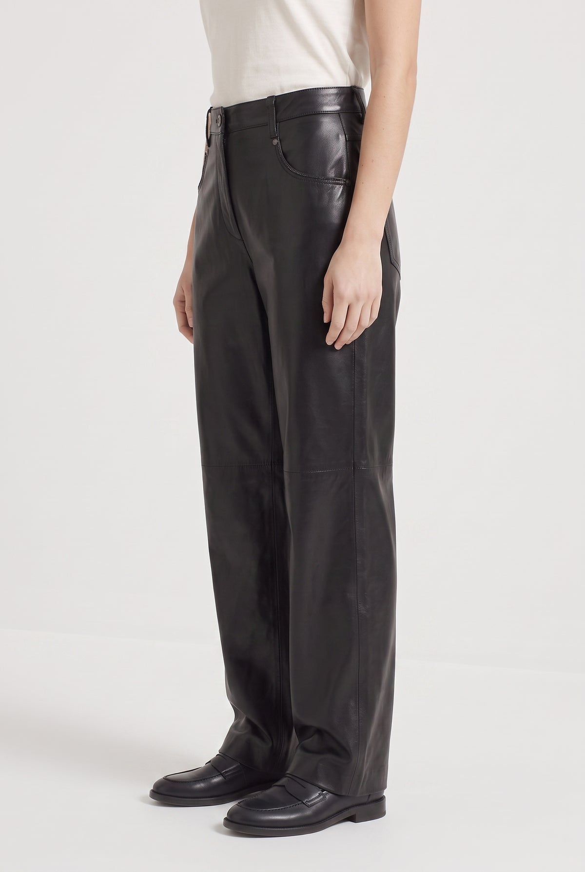 BRUNELLO CUCINELLI WOMEN'S BLACK LEATHER WIDE TROUSERS