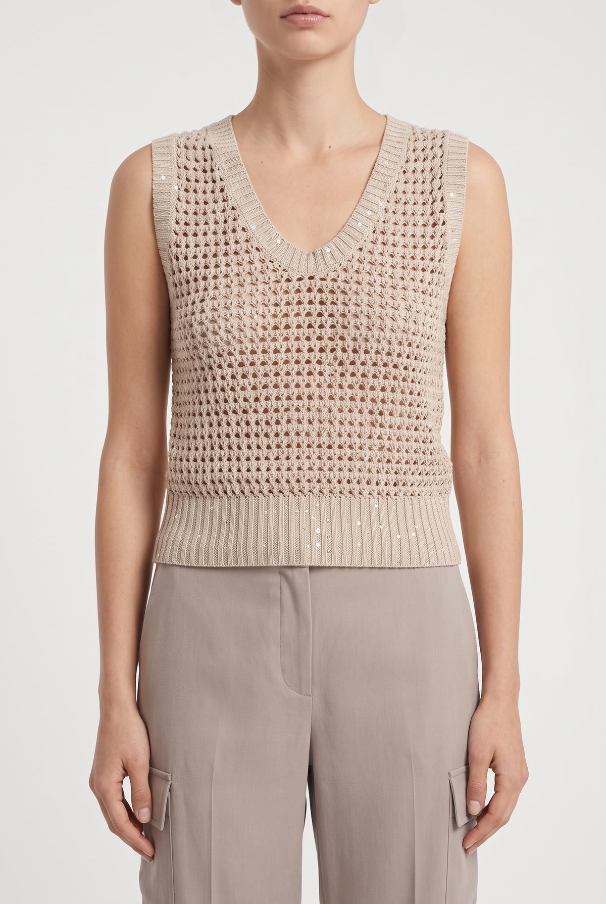 BRUNELLO CUCINELLI WOMEN'S BEIGE OPENWORK KNIT SWEATER