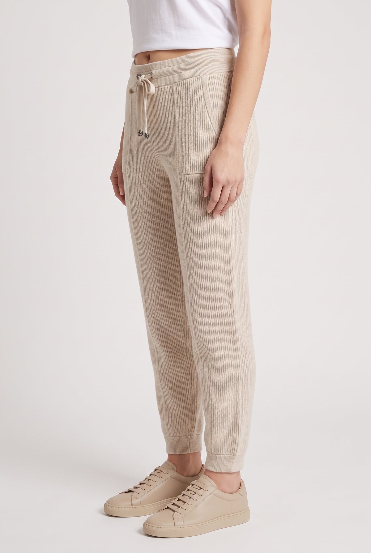 BRUNELLO CUCINELLI WOMEN'S BEIGE RIBBED KNIT TROUSERS
