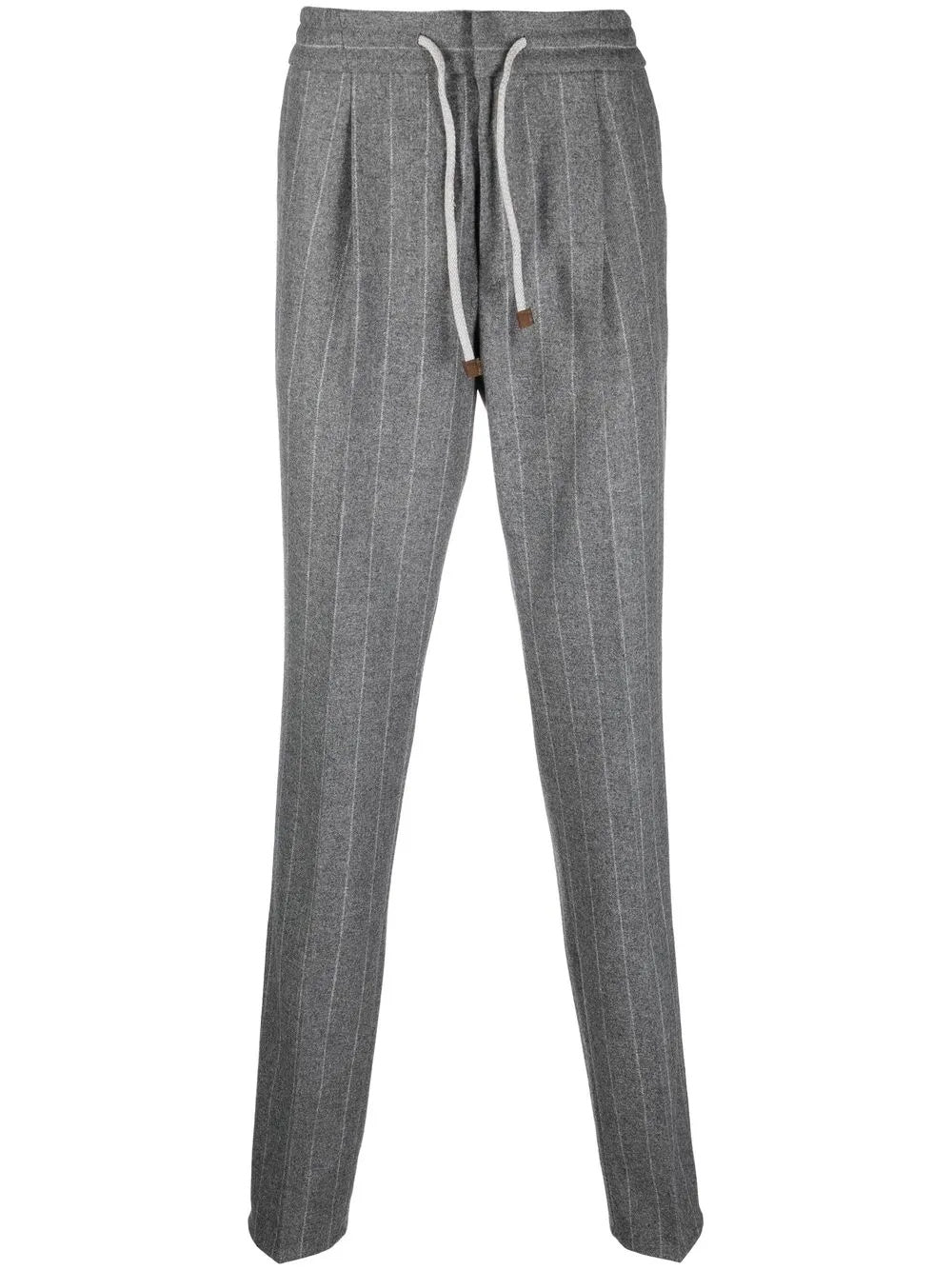 BRUNELLO CUCINELLI MEN'S GREY PINSTRIPE DRAWSTRING TROUSERS