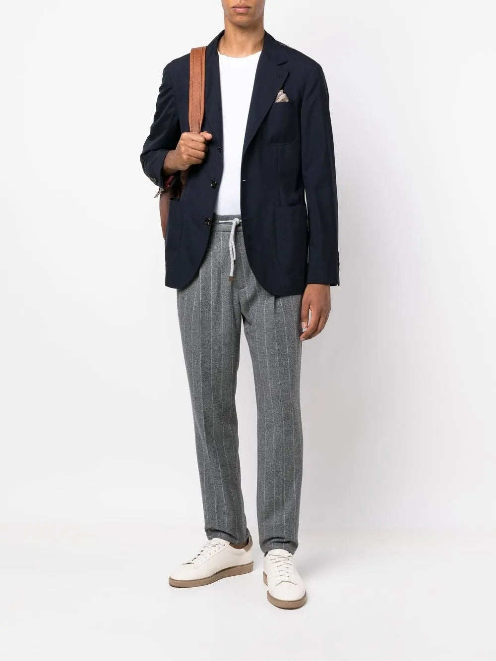 BRUNELLO CUCINELLI MEN'S GREY PINSTRIPE DRAWSTRING TROUSERS