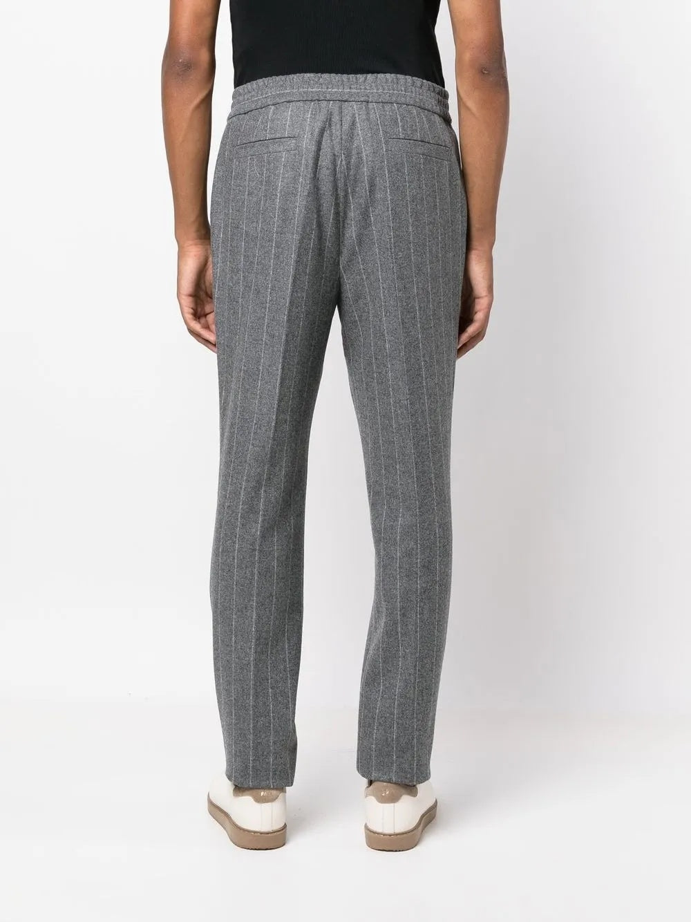 BRUNELLO CUCINELLI MEN'S GREY PINSTRIPE DRAWSTRING TROUSERS