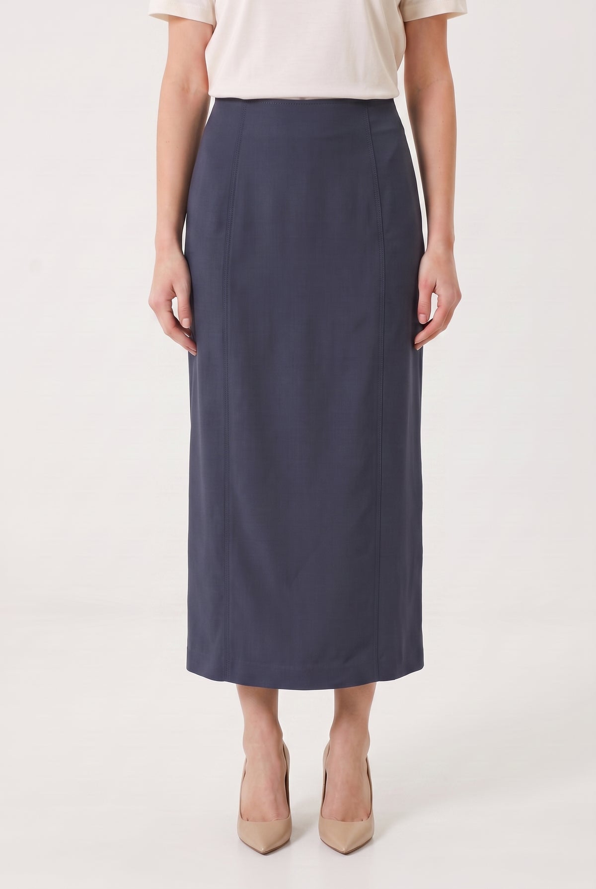 BRUNELLO CUCINELLI WOMEN'S DARK BLUE LINEN BLEND SKIRT