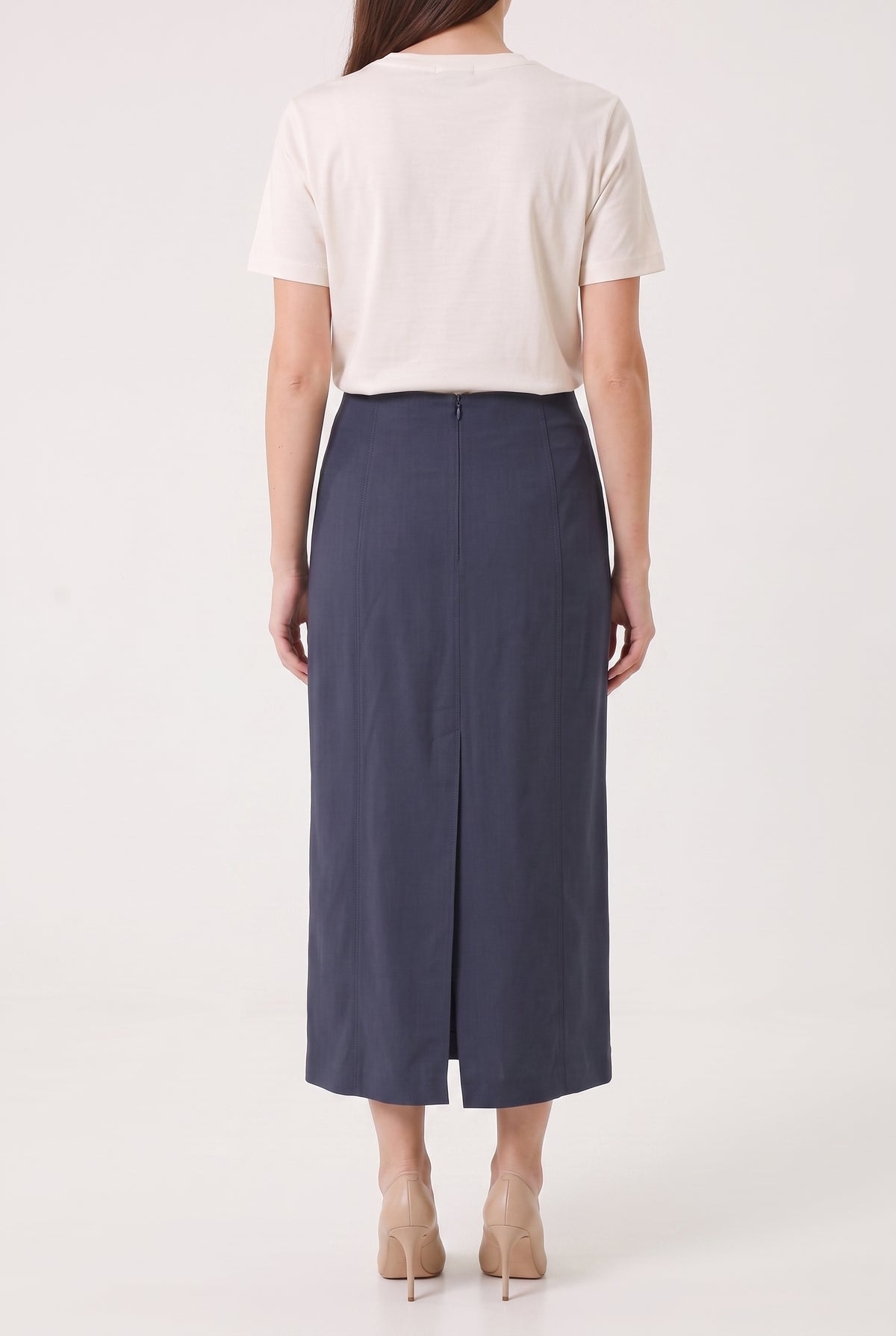 BRUNELLO CUCINELLI WOMEN'S DARK BLUE LINEN BLEND SKIRT