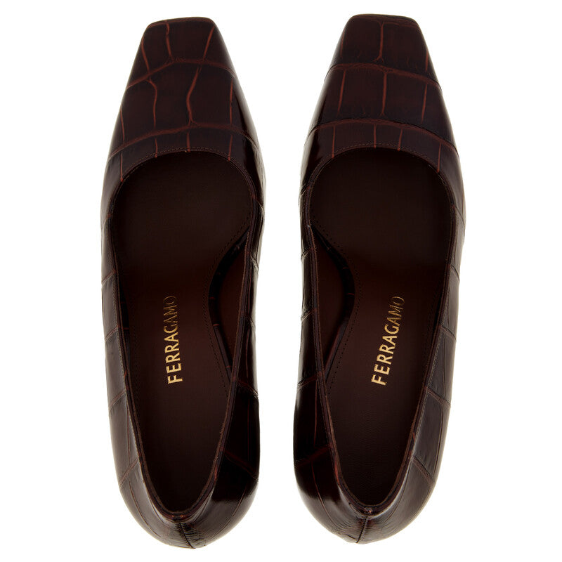 FERRAGAMO WOMEN'S BROWN CALF PRINT SHOES