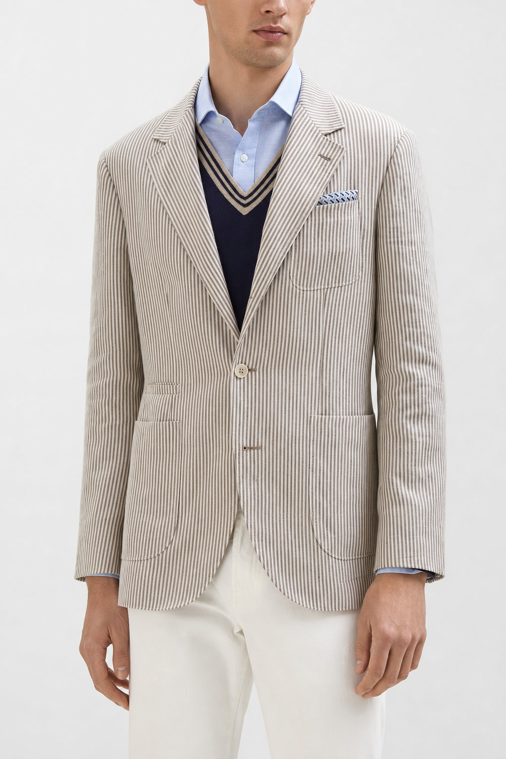 BRUNELLO CUCINELLI MEN'S BEIGE LINEN WOOL STRIPED BLAZER
