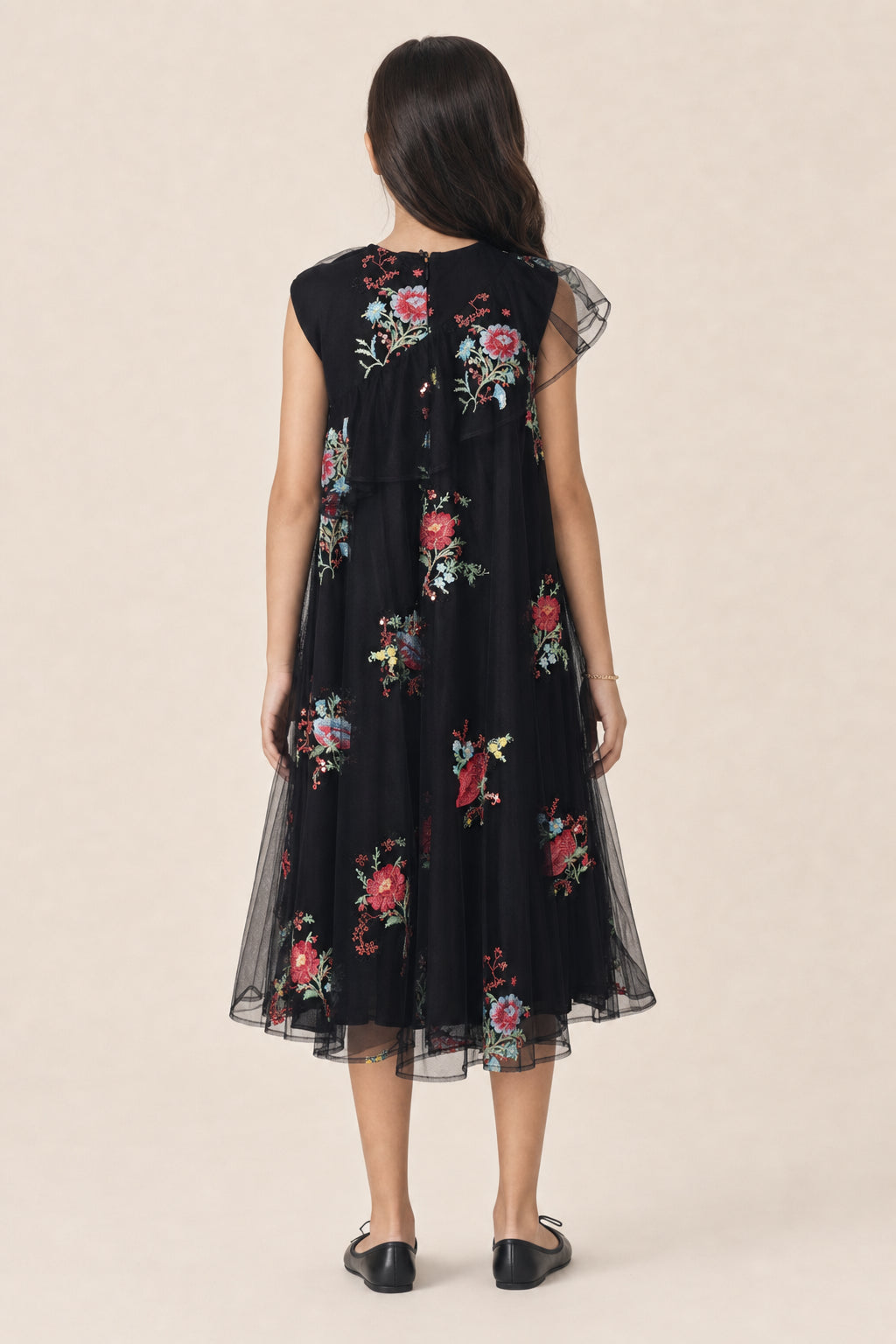 DIOR KIDS BLACK FLORAL EMBROIDERED DRESS