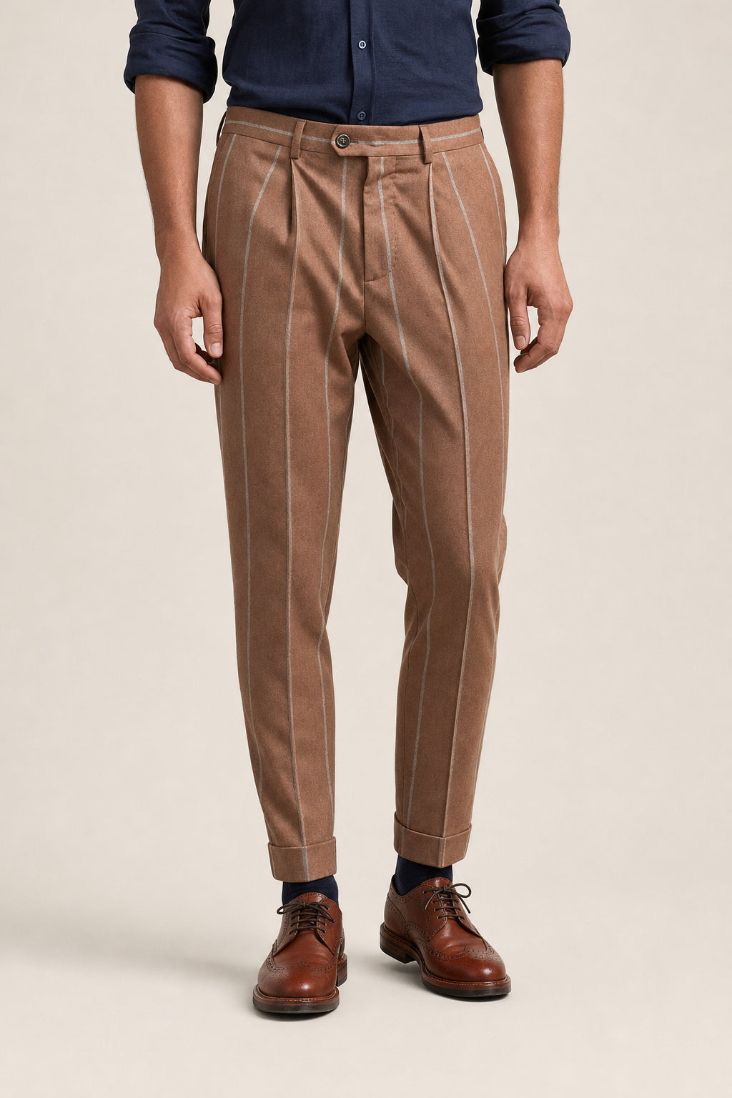BRUNELLO CUCINELLI MEN'S BROWN WOOL STRIPED TROUSERS