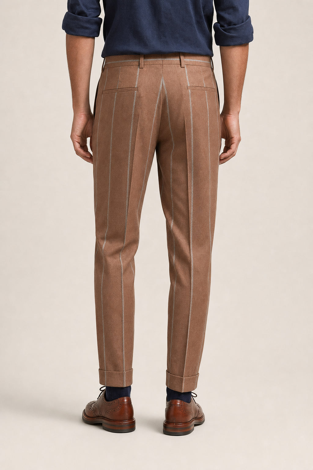 BRUNELLO CUCINELLI MEN'S BROWN WOOL STRIPED TROUSERS