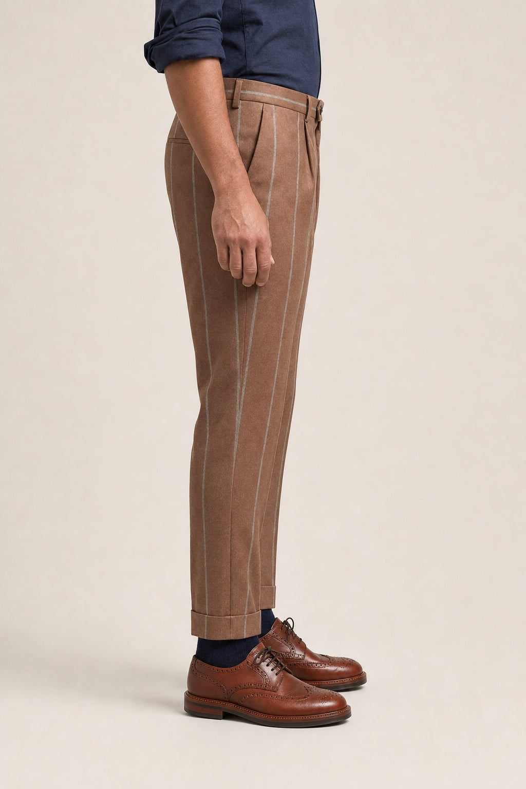 BRUNELLO CUCINELLI MEN'S BROWN WOOL STRIPED TROUSERS