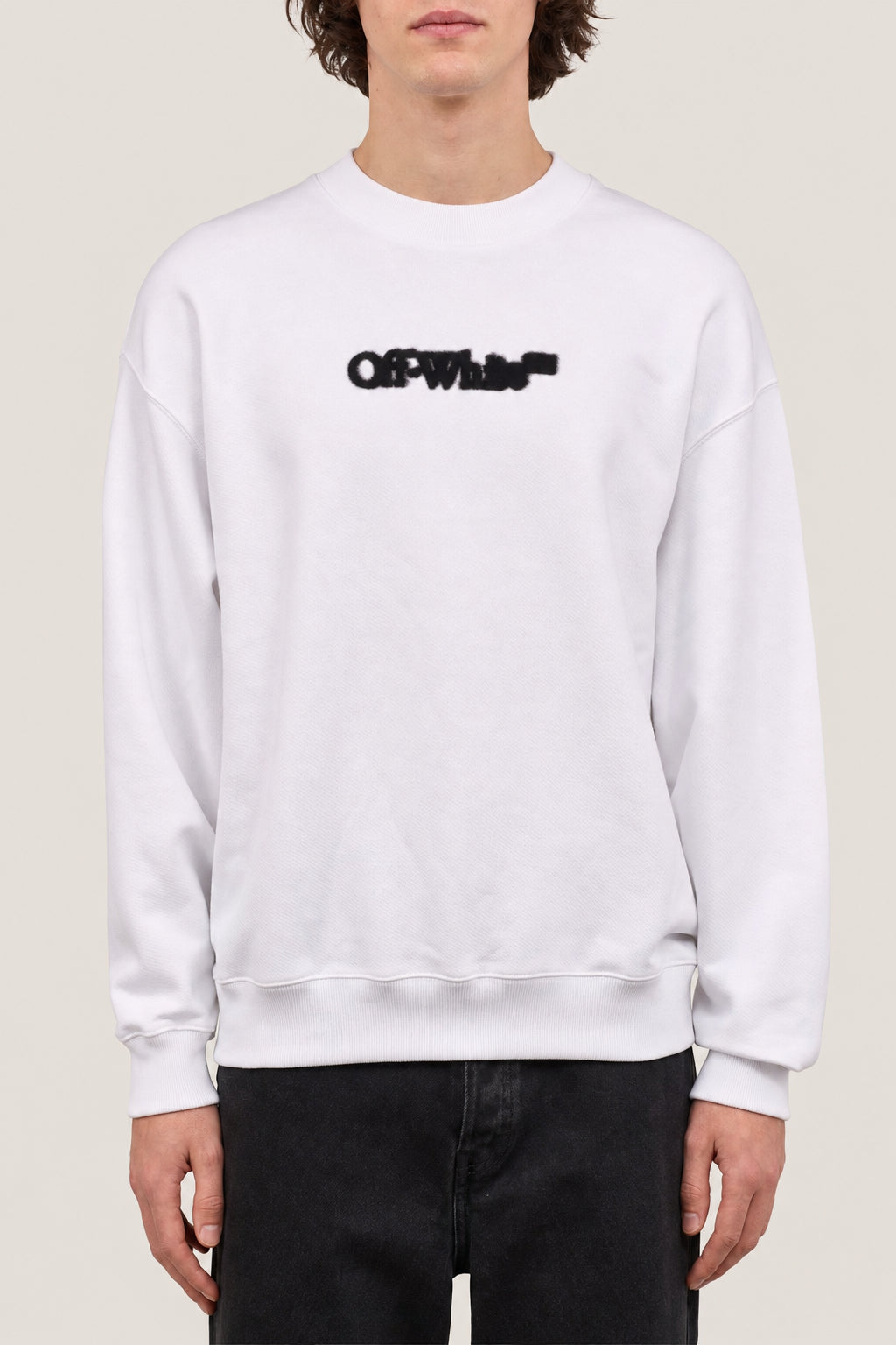 OFF-WHITE MEN'S WHITE COTTON CREWNECK SWEATER