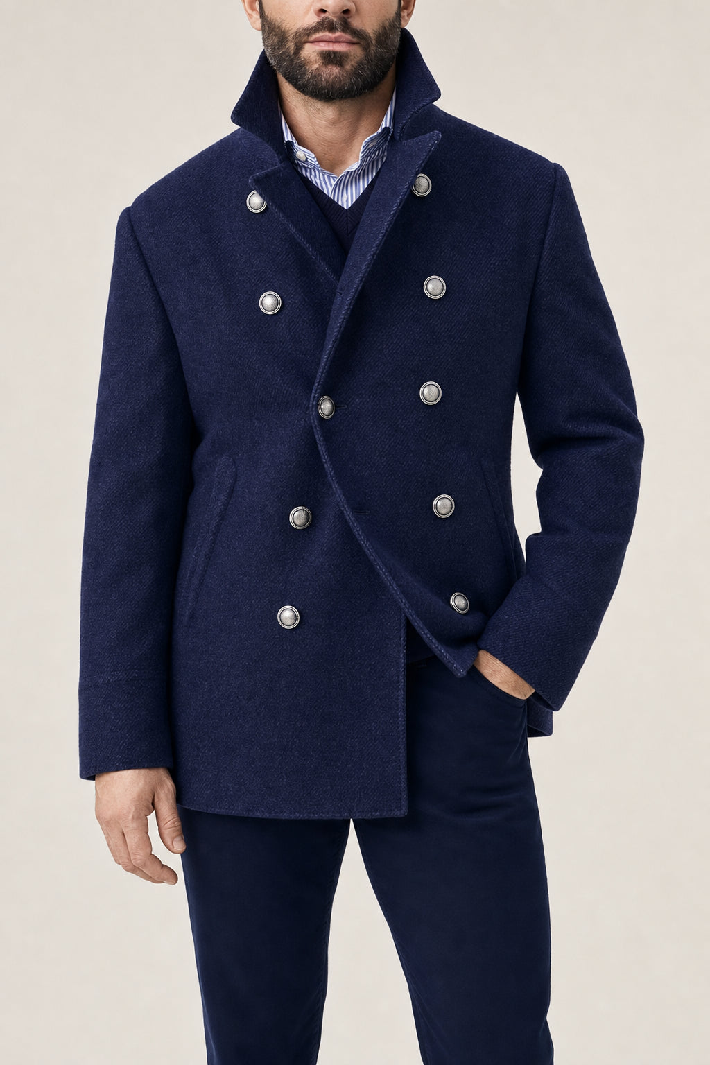 BRUNELLO CUCINELLI MEN'S DENIM WOOL DOUBLE BREASTED JACKET