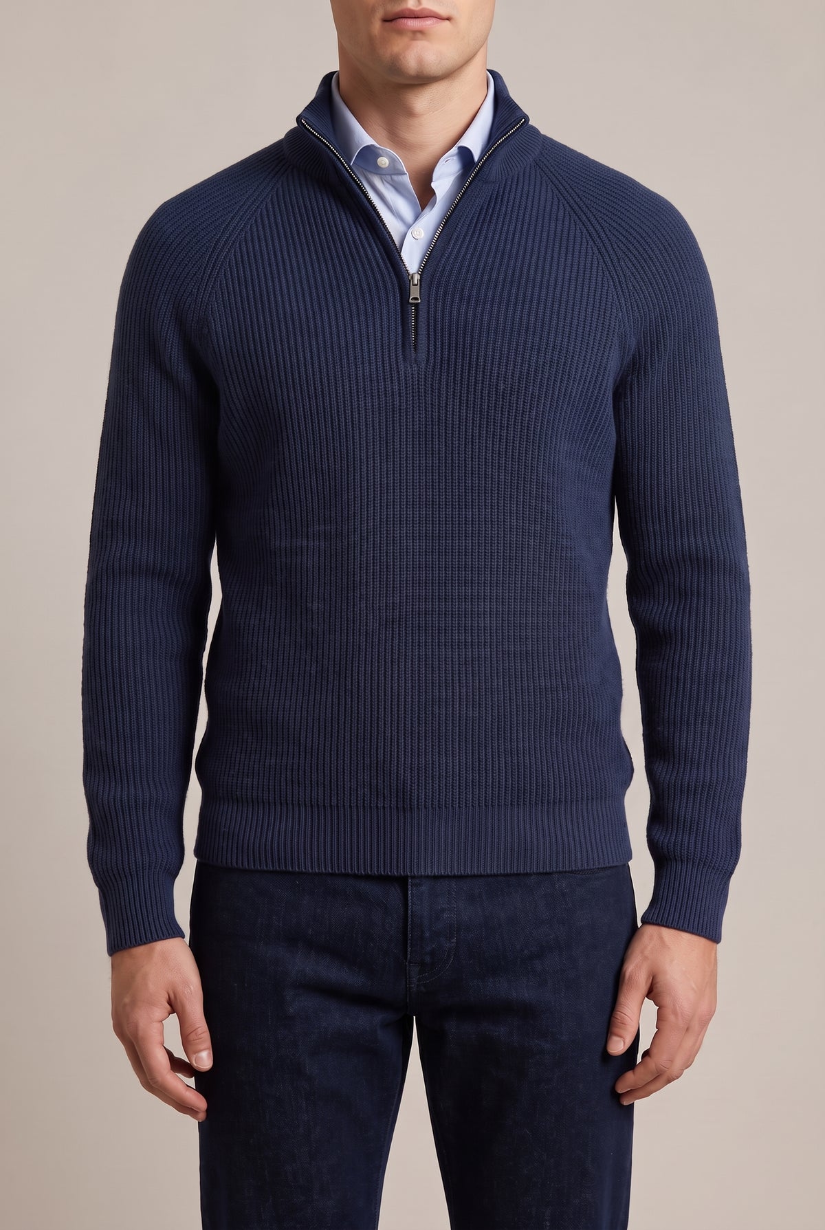BRUNELLO CUCINELLI MEN'S PRUSSIAN BLUE HALF ZIP SWEATER