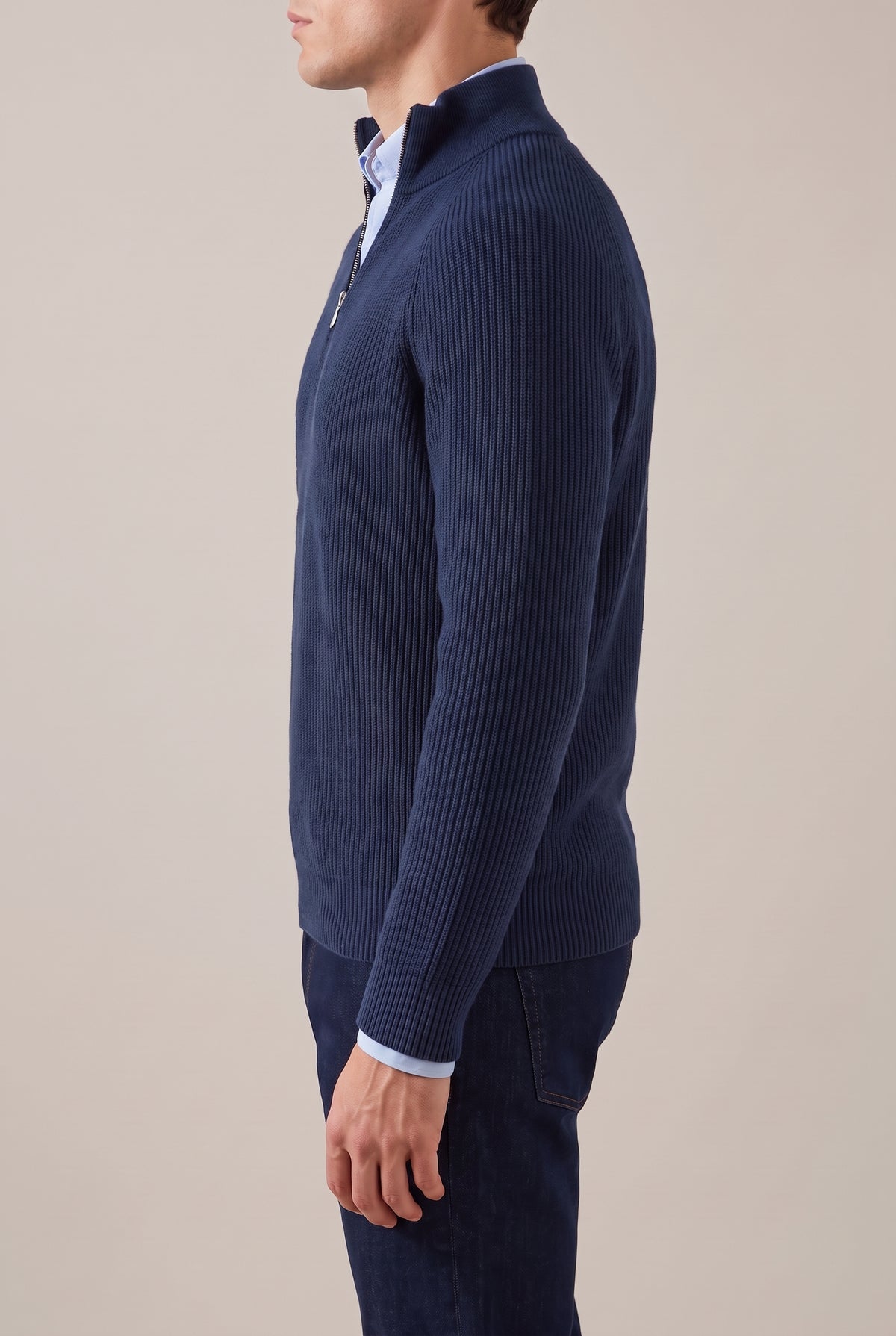 BRUNELLO CUCINELLI MEN'S PRUSSIAN BLUE HALF ZIP SWEATER