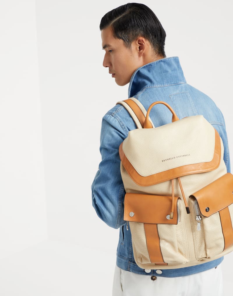 BRUNELLO CUCINELLI MEN'S IVORY AND NATURAL LEATHER BACKPACK
