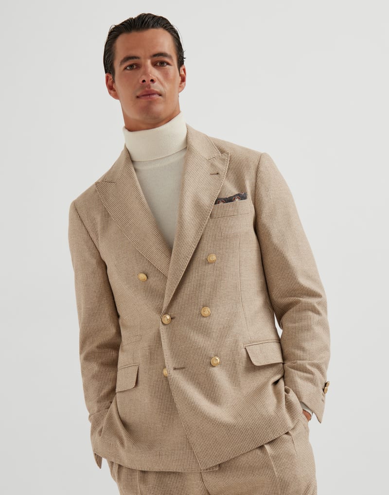 BRUNELLO CUCINELLI MEN'S SAND WOOL SILK DOUBLE BREASTED BLAZER