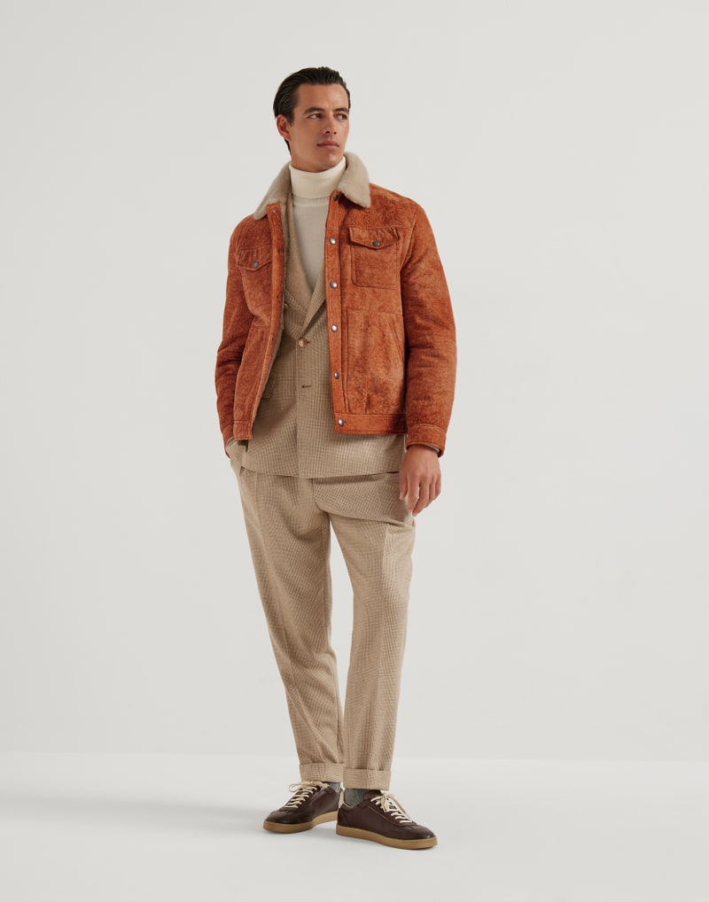 BRUNELLO CUCINELLI MEN'S SAND WOOL SILK DOUBLE BREASTED BLAZER