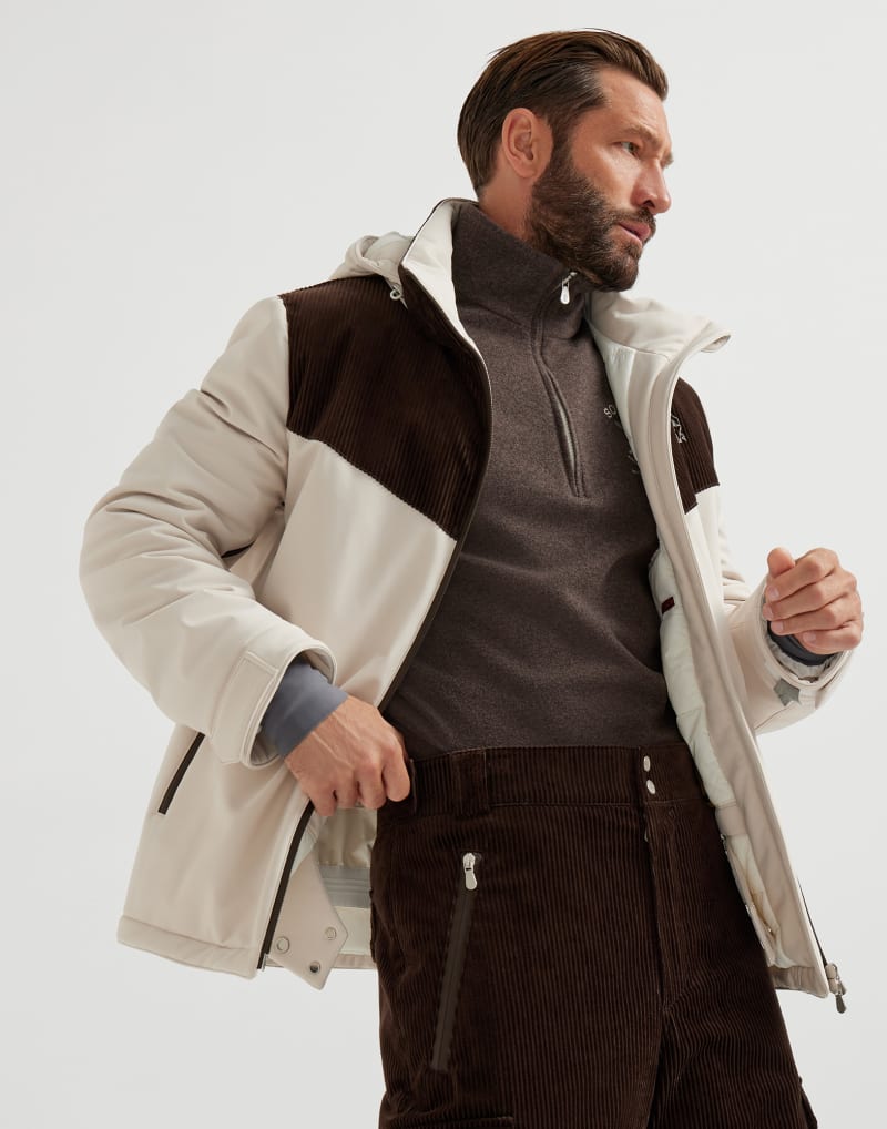 BRUNELLO CUCINELLI MEN'S OFF WHITE AND BROWN COLORBLOCK JACKET