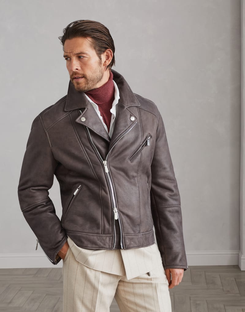 BRUNELLO CUCINELLI MEN'S ANTHRACITE BLACK CAMEL HAIR BIKER JACKET