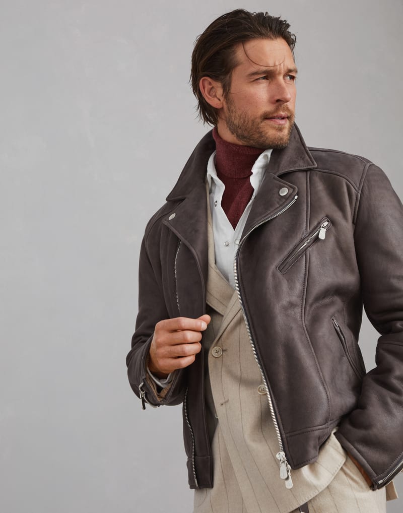 BRUNELLO CUCINELLI MEN'S ANTHRACITE BLACK CAMEL HAIR BIKER JACKET