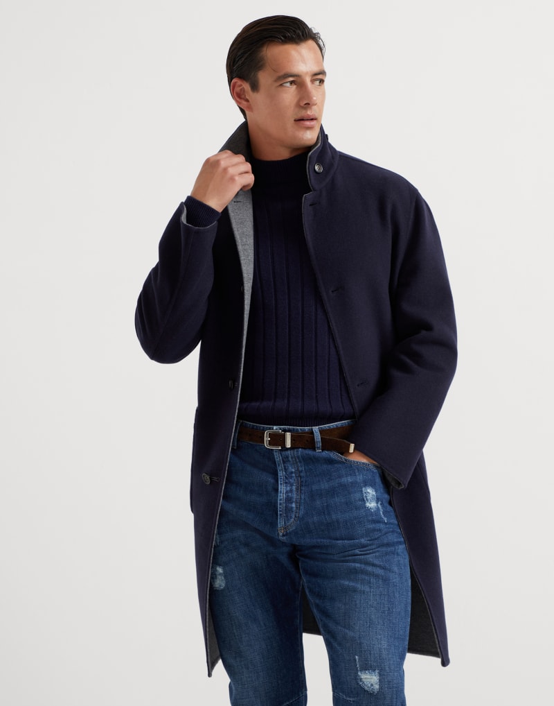 BRUNELLO CUCINELLI MEN'S NAVY MEDIUM GREY WOOL STAND COLLAR COAT
