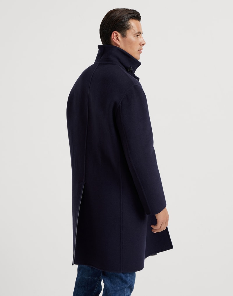 BRUNELLO CUCINELLI MEN'S NAVY MEDIUM GREY WOOL STAND COLLAR COAT