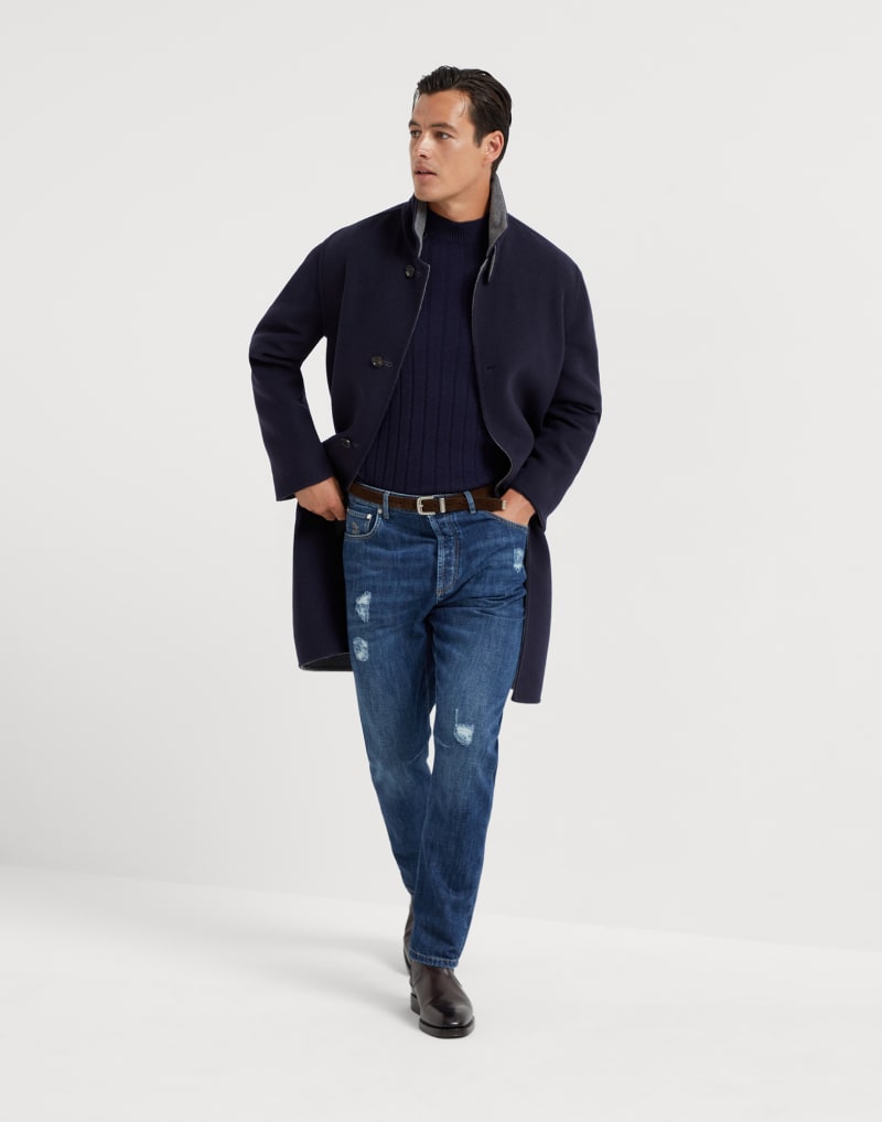BRUNELLO CUCINELLI MEN'S NAVY MEDIUM GREY WOOL STAND COLLAR COAT