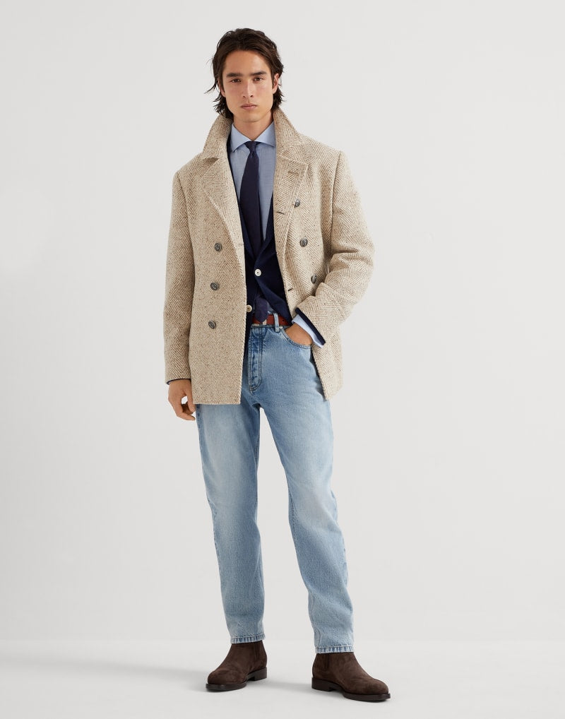 BRUNELLO CUCINELLI MEN'S SAND WOOL DOUBLE BREASTED JACKET