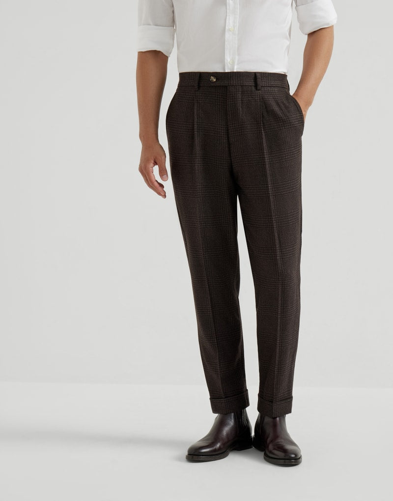 BRUNELLO CUCINELLI MEN'S MORO WOOL BLEND CHECKED TROUSERS