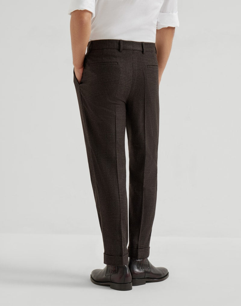 BRUNELLO CUCINELLI MEN'S MORO WOOL BLEND CHECKED TROUSERS