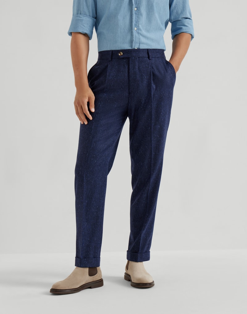BRUNELLO CUCINELLI MEN'S SAPPHIRE WOOL BLEND PLEATED TROUSERS