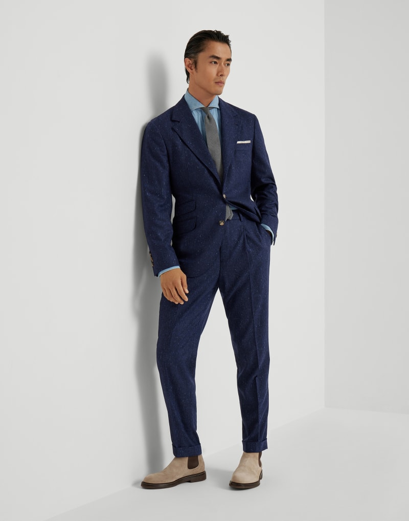 BRUNELLO CUCINELLI MEN'S SAPPHIRE WOOL BLEND PLEATED TROUSERS