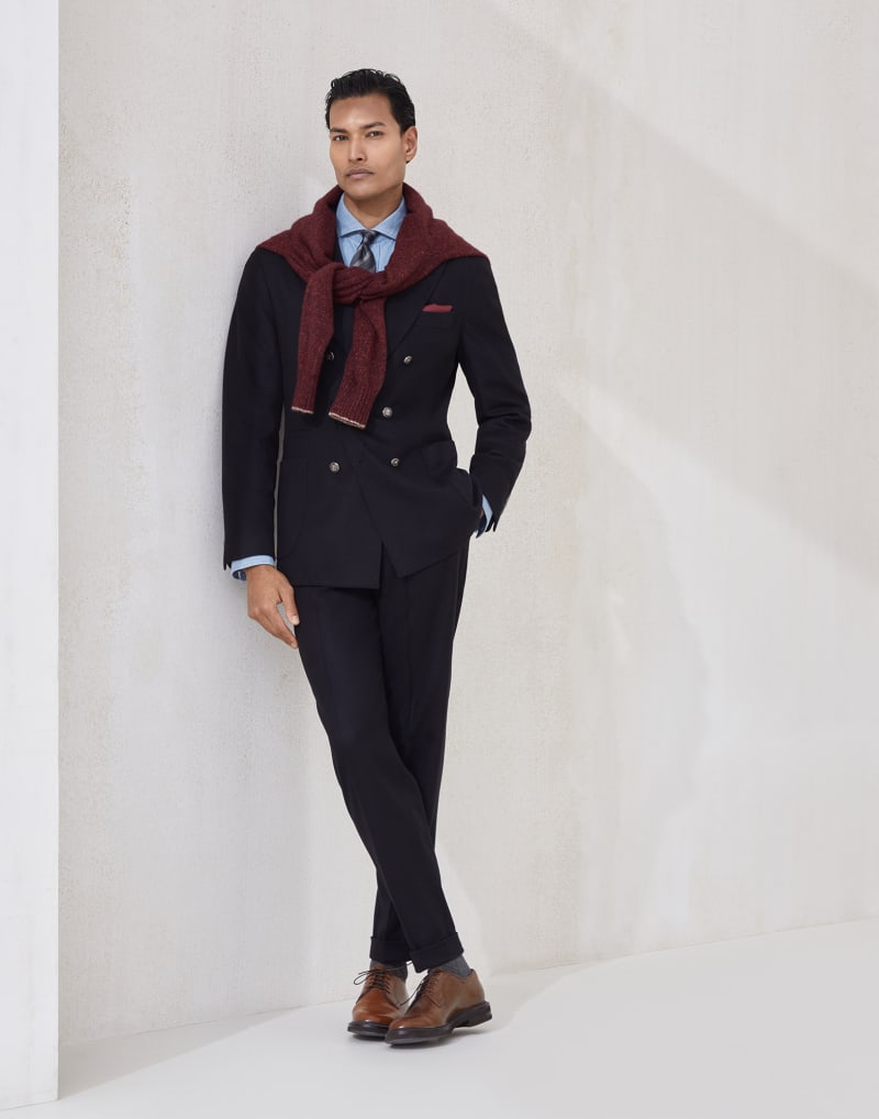 BRUNELLO CUCINELLI MEN'S BLACK WOOL PLEATED TROUSERS