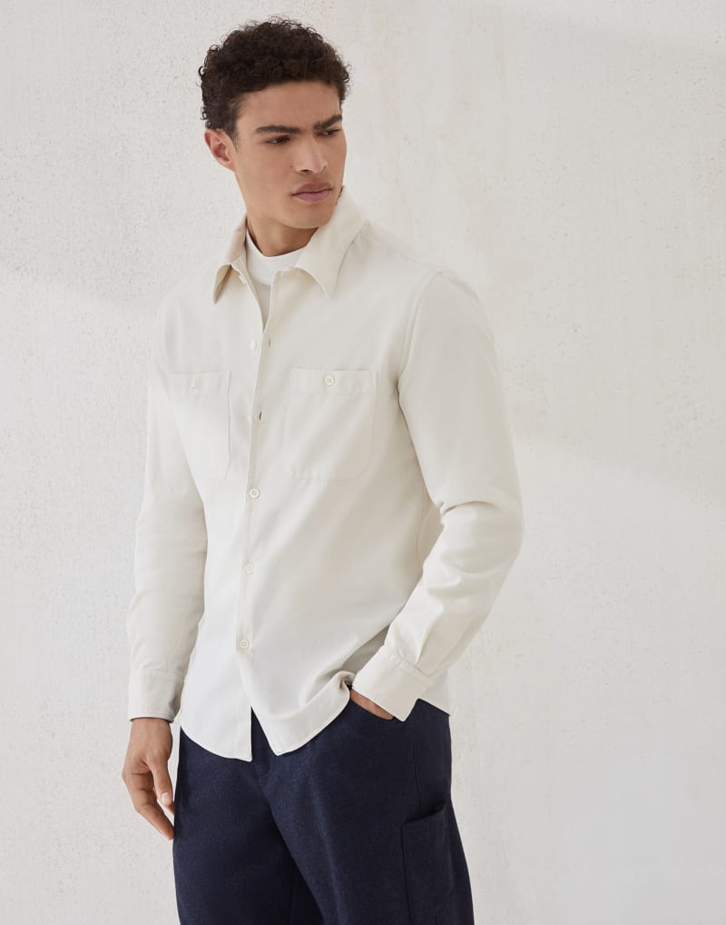 BRUNELLO CUCINELLI MEN'S ENGLISH WHITE COTTON BUTTON FRONT SHIRT
