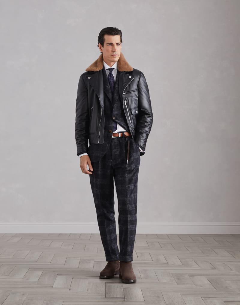 BRUNELLO CUCINELLI MEN'S ANTHRACITE CHECKED WOOL SILK BLEND SUIT