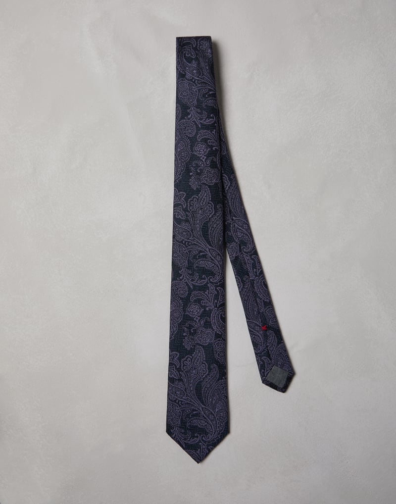 BRUNELLO CUCINELLI MEN'S NAVY IRIS WOOL SILK PAISLEY TIE