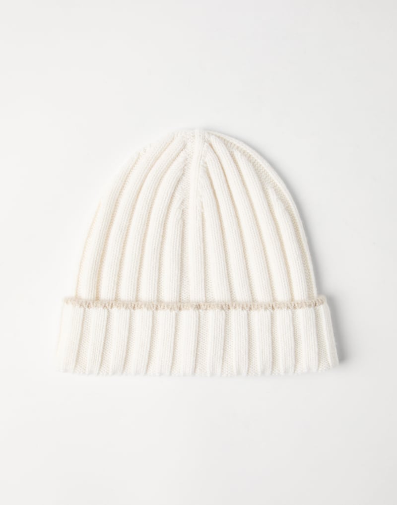 BRUNELLO CUCINELLI MEN'S WHITE RIBBED WOOL KNIT HAT