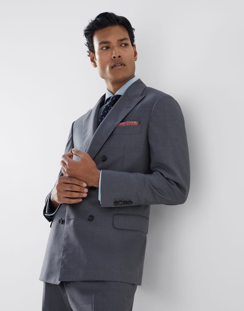 BRUNELLO CUCINELLI MEN'S MEDIUM GREY WOOL DOUBLE BREASTED BLAZER