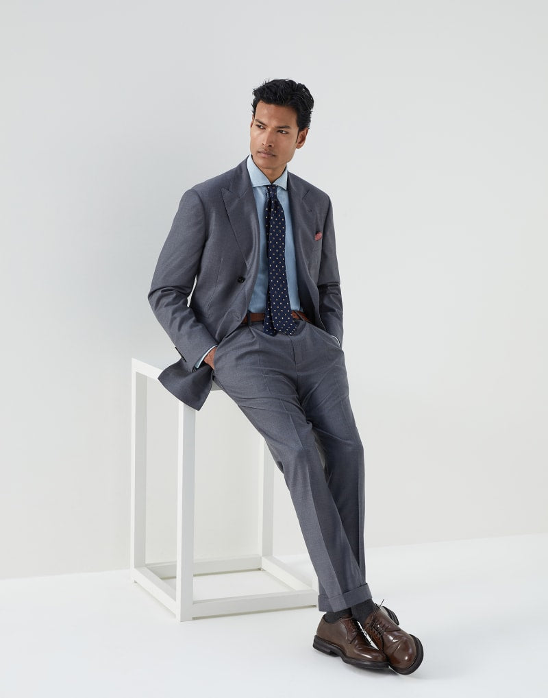 BRUNELLO CUCINELLI MEN'S MEDIUM GREY WOOL DOUBLE BREASTED BLAZER
