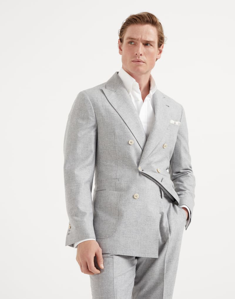BRUNELLO CUCINELLI MEN'S PEARL GREY WOOL SILK DOUBLE BREASTED JACKET