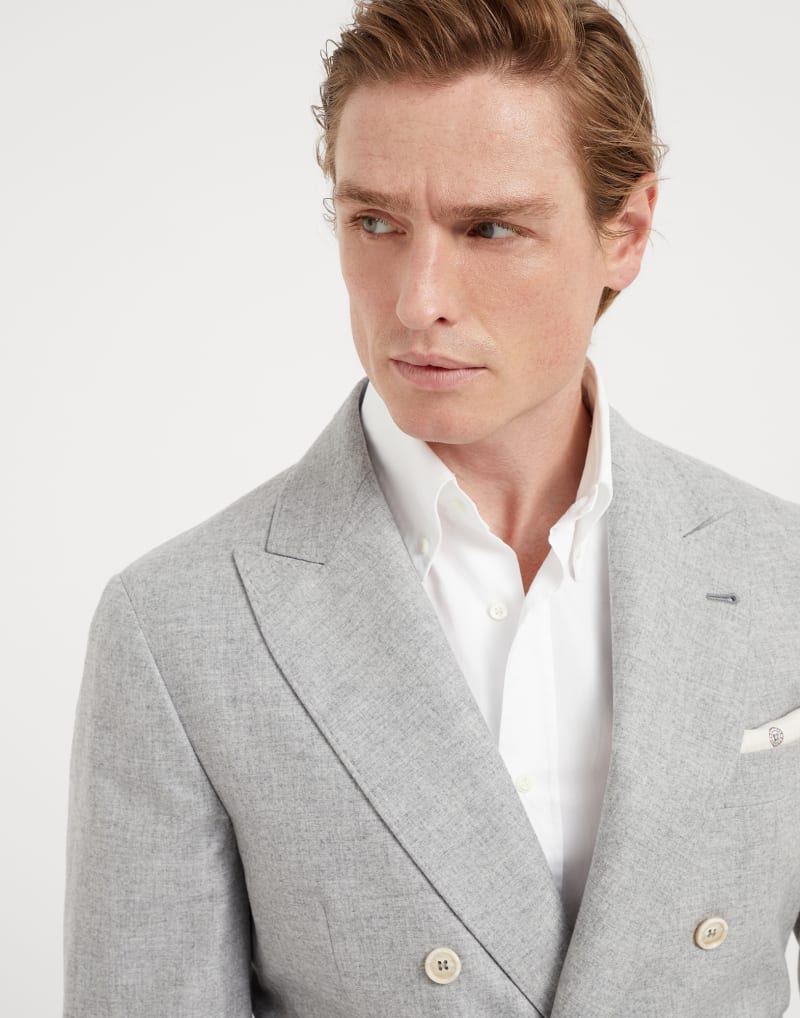 BRUNELLO CUCINELLI MEN'S PEARL GREY WOOL SILK DOUBLE BREASTED JACKET