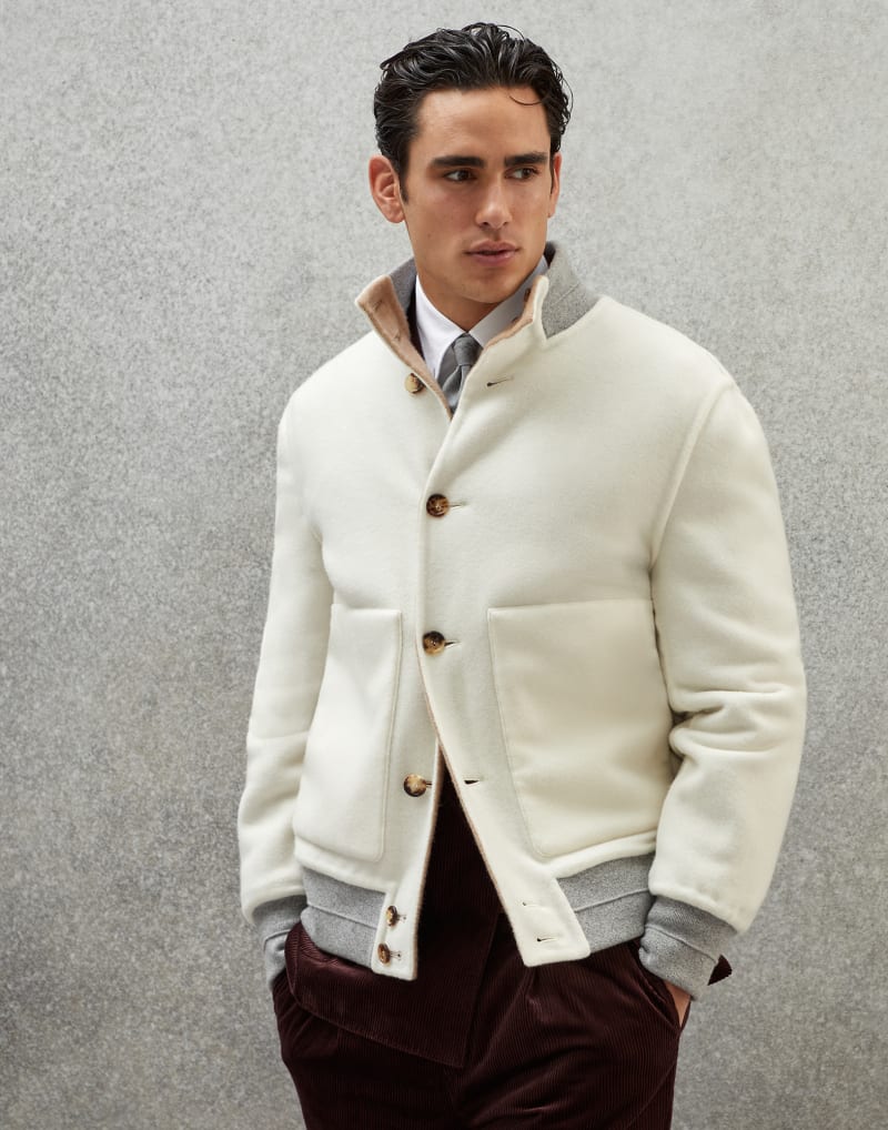 BRUNELLO CUCINELLI MEN'S WHITE WOOL BOMBER JACKET