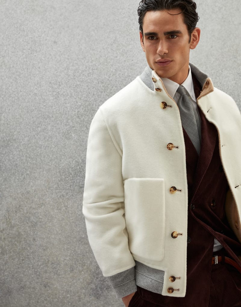 BRUNELLO CUCINELLI MEN'S WHITE WOOL BOMBER JACKET
