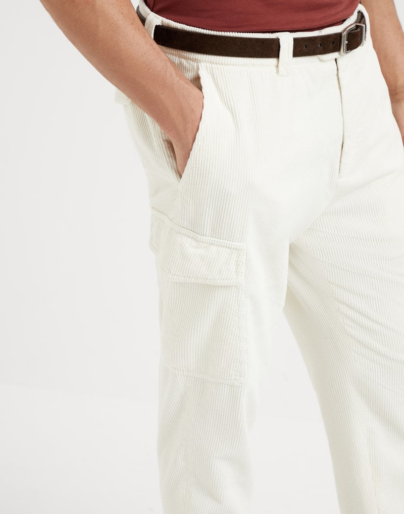 BRUNELLO CUCINELLI MEN'S OFF WHITE COTTON CARGO TROUSERS